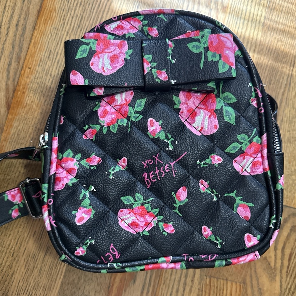 Betsey Johnson Black Backpack with Pink Floral Design